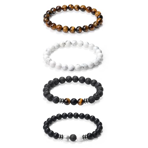 Sahoottie 4 Stücke Armband Herren Naturstein Perlenarmbänder Herren 8mm Tigerauge Armband Weiß türkis Onyxstein Lavastein Perlenarmband Set Stretch Armbänder Männer Geburtstagsgeschenk für Männer von Sahoottie