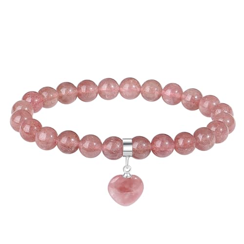Sahoottie Erdbeerquarz Armband Damen Armband Herz Kristall Armbänder 8mm Rotes Perlenarmband Geburtstagsgeschenk für Schwestern Freund Geliebte Mütter von Sahoottie