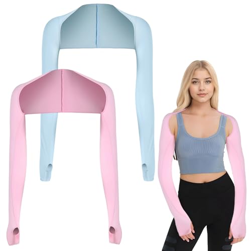 Sahunfri 2 Stück UV Schutzkleidung Damen Neue Upgrades-Version Arm Sleeve, Armstulpen Damen Sommer Armmanschetten mit Fingerlöchern, UV Schutz Ärmel Unisex Geeignet zum Bergsteigen (Rosa Blau) von Sahunfri