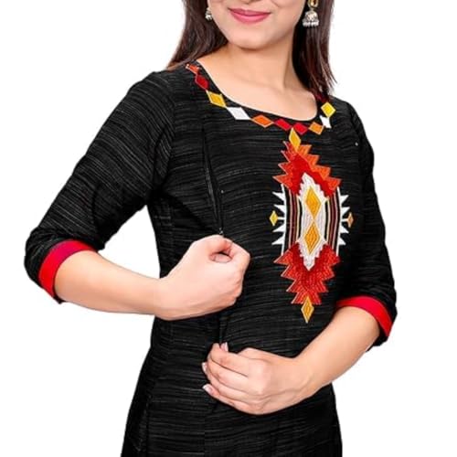 Sai Blossoms Damen Baumwolle A-Linie Gerade Mutterschaft Fütterung Kurtis Mit Reißverschlüssen, Blackemb, X-Large von Sai Blossoms