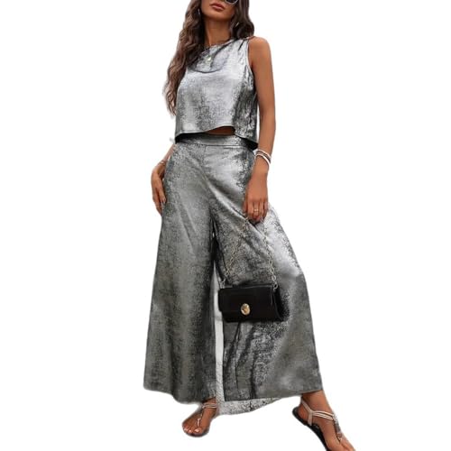 SaiDeng 2PCS Damen Freizeit-Zweiteiler – Ärmelloses Tank Top & Lange Hose – Modischer Sommeranzug für Business, Casual & Freizeit von SaiDeng