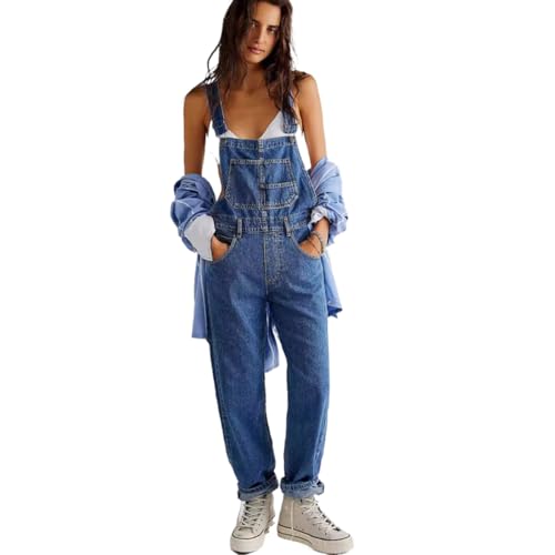 SaiDeng Damen Denim Latzhose – Ärmelloser Baggy Jeans Overall mit Taschen – Langer Weitbein-Look im Casual Streetwear Stil von SaiDeng