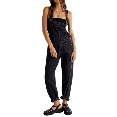 SaiDeng Damen Denim Latzhose – Ärmelloser Baggy Jeans Overall mit Taschen – Langer Weitbein-Look im Casual Streetwear Stil von SaiDeng