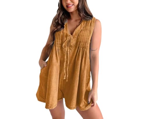 SaiDeng Damen Denim Latzhose – Ärmelloser Stretch Jeans-Jumpsuit mit V-Ausschnitt & Taschen – Lässiger Kurzarm-Shorts Overall aus Baumwolle im Oversize Baggy Look von SaiDeng