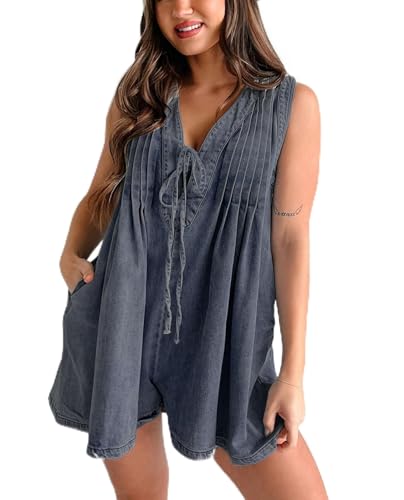 SaiDeng Damen Denim Latzhose – Ärmelloser Stretch Jeans-Jumpsuit mit V-Ausschnitt & Taschen – Lässiger Kurzarm-Shorts Overall aus Baumwolle im Oversize Baggy Look von SaiDeng