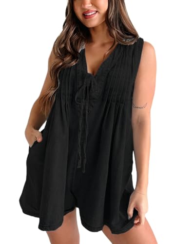 SaiDeng Damen Denim Latzhose – Ärmelloser Stretch Jeans-Jumpsuit mit V-Ausschnitt & Taschen – Lässiger Kurzarm-Shorts Overall aus Baumwolle im Oversize Baggy Look von SaiDeng