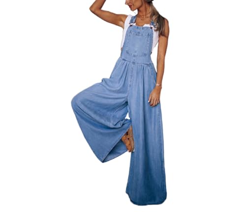 SaiDeng Damen Denim Latzhose Jeans – Ärmelloser Jeans-Overall mit Taschen, Verstellbare Träger, Lässige Weite Sommerhose, Bequeme Trägerhose von SaiDeng