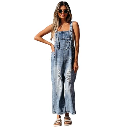 SaiDeng Damen Denim Latzhose Jeans – Baumwoll-Overall mit Taschen, Knöchellang, Destroyed-Optik, Verstellbare Knopf-Träger, Lässige Weite Sommerhose von SaiDeng