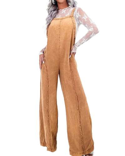 SaiDeng Damen Denim Latzhose – Weite Vintage Jeans-Jumpsuit mit ausgefransten Kanten, weitem Bein und Taschen – Lässiger langer Baggy Overall, Ärmelloser Strampler mit verstellbaren Riemchen von SaiDeng