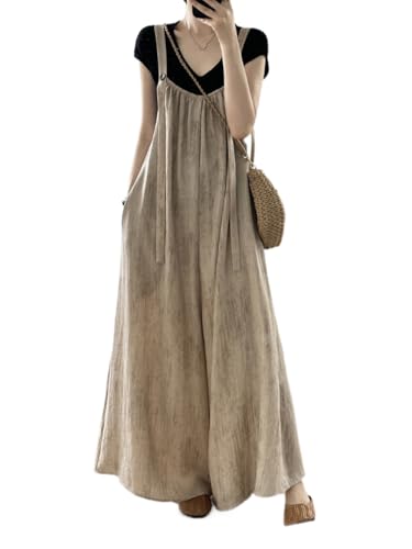 SaiDeng Damen Latzhose – Ärmelloser Jumpsuit im Japanischen Stil mit Weitem Bein – Lässige Arbeitsoveralls mit Großen Taschen, Sommer Trägerhose aus Baumwollmischung von SaiDeng