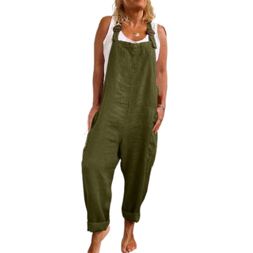SaiDeng Damen Latzhose Jumpsuit mit weitem Bein – Verstellbare Träger, Baumwoll-Leinen Overall mit Taschen im lässigen Workwear-Stil von SaiDeng