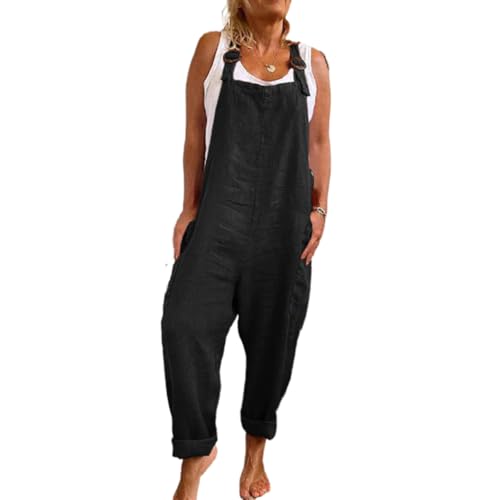 SaiDeng Damen Latzhose Jumpsuit mit weitem Bein – Verstellbare Träger, Baumwoll-Leinen Overall mit Taschen im lässigen Workwear-Stil von SaiDeng