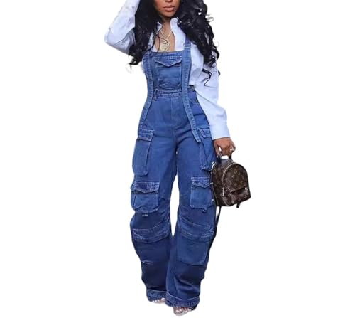 SaiDeng Damen Latzhose Locker – Ärmelloser Overall mit Weiten Trägern und Mehreren Falten-Pattentaschen, Freizeit Jumpsuit von SaiDeng