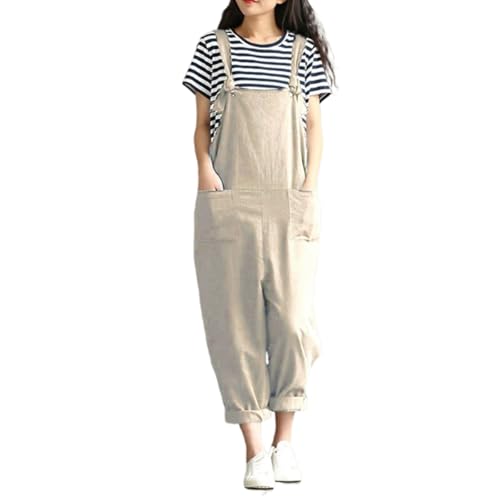 SaiDeng Damen Latzhose Sommer Oversize – Elegante Latzhose mit Trägern aus Gebürstetem Stoff – Lockerer Jumpsuit Freizeithose in Übergröße, Lange Hose Sommer Outfit von SaiDeng