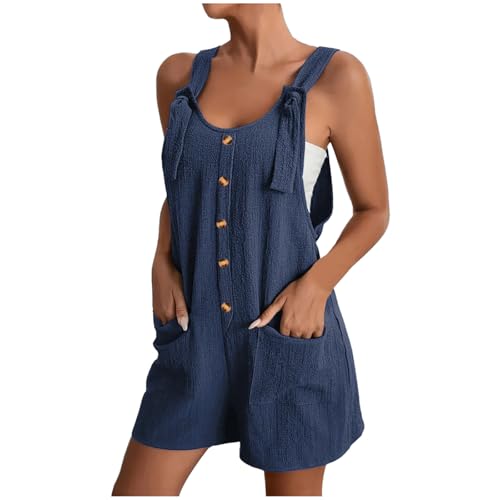 SaiDeng Damen Sommer Latzhose Kurz – Ärmelloser Baumwoll-Leinen Jumpsuit mit Taschen – Bequemer Overall Shorts mit Trägern für Alltag und Urlaub von SaiDeng