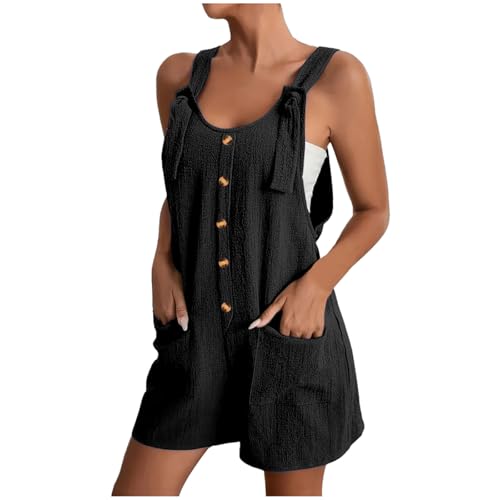 SaiDeng Damen Sommer Latzhose Kurz – Ärmelloser Baumwoll-Leinen Jumpsuit mit Taschen – Bequemer Overall Shorts mit Trägern für Alltag und Urlaub von SaiDeng