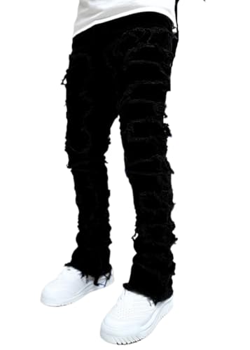 SaiDeng Herren Jeans Regular Straight Fit – Denim Hose mit Destroyed-Effekt & Patchwork – Streetwear Style Elastische Gerade Jeans für Alltag & Freizeit von SaiDeng