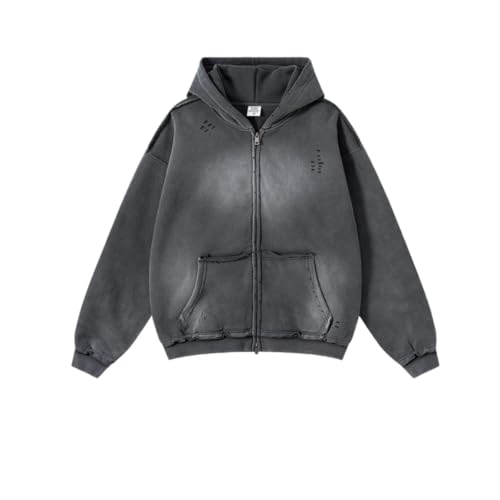 SaiDeng Hoodie Damen Sweatjacke – Y2K Kapuzenpullover Herren Zipper Hoodie – Leichte Übergangsjacke mit Kapuze und Taschen – Elegant Einfarbig – Verwaschener Look mit Fransen von SaiDeng