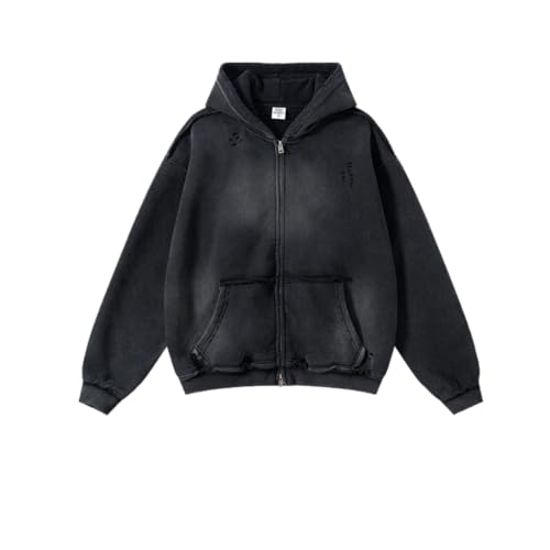 SaiDeng Hoodie Damen Sweatjacke – Y2K Kapuzenpullover Herren Zipper Hoodie – Leichte Übergangsjacke mit Kapuze und Taschen – Elegant Einfarbig – Verwaschener Look mit Fransen von SaiDeng