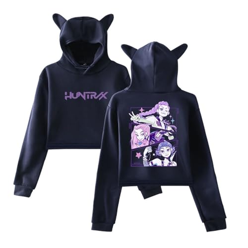 SaiDeng KPop Demon Hunters Crop Hoodie Damen – Kurz Geschnittener Kapuzenpullover mit Katzenohren & Anime-Print Mira Rumi Zoey, Oversized Streetwear Hoodie für Teenager & Frauen von SaiDeng