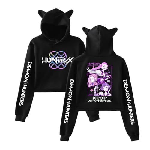 SaiDeng KPop Demon Hunters Crop Hoodie Damen – Kurz Geschnittener Kapuzenpullover mit Katzenohren & Anime-Print Mira Rumi Zoey, Oversized Streetwear Hoodie für Teenager & Frauen von SaiDeng