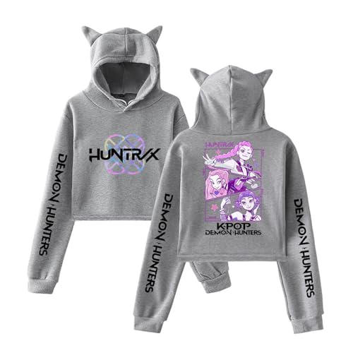 SaiDeng KPop Demon Hunters Crop Hoodie Damen – Kurz Geschnittener Kapuzenpullover mit Katzenohren & Anime-Print Mira Rumi Zoey, Oversized Streetwear Hoodie für Teenager & Frauen von SaiDeng