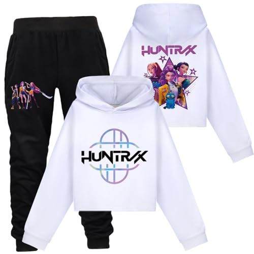 SaiDeng KPop Demon Hunters Hoodie Kinder & Set für Mädchen – Huntrix Anime Crop Hoodie mit Front- & Rückendruck oder 2-teiliges Outfit mit Jogginghose, Kurz Geschnittener Kapuzenpullover für Teenager von SaiDeng