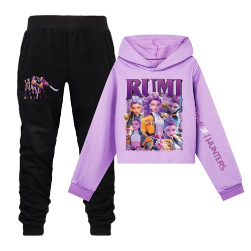 Saideng Huntrix Kpop Hoodie Huntr/x Mädchen Outfit – 2-teiliges Set mit Kurzem Hoodie Huntr/x & Jogginghose, Huntrix Anime Streetwear, Bedruckte Freizeit Sport Anzug Kinder Teenager von SaiDeng