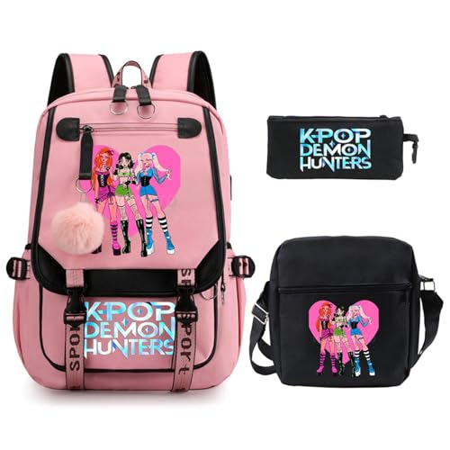 SaiDeng KPop Huntrixs Schulset 3-teilig – Anime Huntrix Rucksack, Umhängetasche & Federmäppchen, Wasserdichter SchulHuntrix Rucksack Jungen & Mädchen, K-Pop Streetwear Tasche für Schule von SaiDeng
