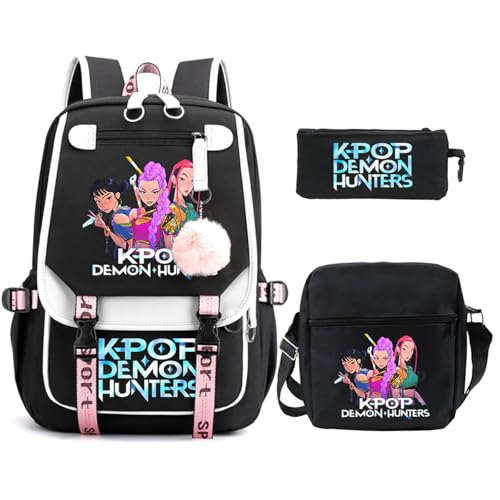SaiDeng KPop Huntrix Schulset 3-teilig – Anime Rucksack, Umhängetasche & Federmäppchen, Wasserdichter K-Pop De-Mon H-Hunters Rucksack für Jungen & Mädchen, Teenager & Fans von SaiDeng