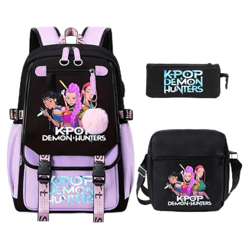 SaiDeng KPop Huntrix Schulset 3-teilig – Anime Rucksack, Umhängetasche & Federmäppchen, Wasserdichter K-Pop De-Mon H-Hunters Rucksack für Jungen & Mädchen, Teenager & Fans von SaiDeng
