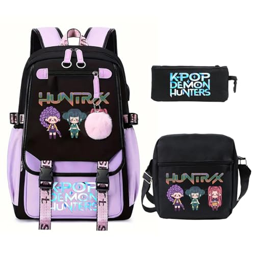 SaiDeng KPop Huntrix Schulset 3-teilig – Anime Rucksack, Umhängetasche & Federmäppchen, Wasserdichter K-Pop De-Mon H-Hunters Rucksack für Jungen & Mädchen, Teenager & Fans von SaiDeng