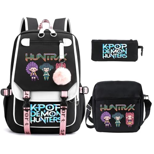 SaiDeng KPop Huntrix Schulset 3-teilig – Anime Rucksack, Umhängetasche & Federmäppchen, Wasserdichter K-Pop De-Mon H-Hunters Rucksack für Jungen & Mädchen, Teenager & Fans von SaiDeng