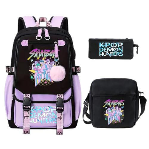 SaiDeng KPop Huntrix Schulset 3-teilig – Anime Rucksack, Umhängetasche & Federmäppchen, Wasserdichter K-Pop De-Mon H-Hunters Rucksack für Jungen & Mädchen, Teenager & Fans von SaiDeng