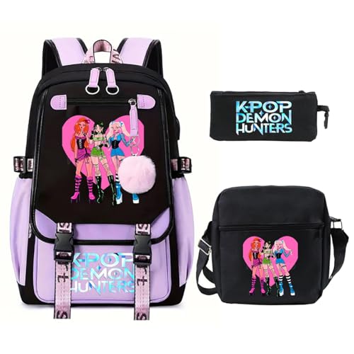 SaiDeng KPop Huntrix Schulset 3-teilig – Anime Rucksack, Umhängetasche & Federmäppchen, Wasserdichter K-Pop De-Mon H-Hunters Rucksack für Jungen & Mädchen, Teenager & Fans von SaiDeng