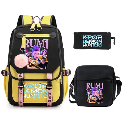 SaiDeng KPop Huntrix Schulset 3-teilig – Anime Rucksack, Umhängetasche & Federmäppchen, Wasserdichter K-Pop De-Mon H-Hunters Rucksack für Jungen & Mädchen, Teenager & Fans von SaiDeng