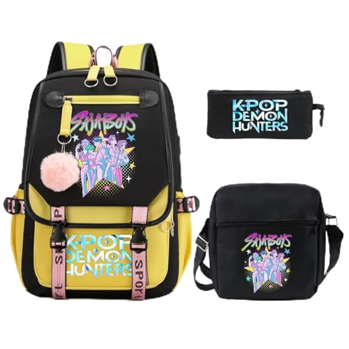 SaiDeng KPop Huntrix Schulset 3-teilig – Anime Rucksack, Umhängetasche & Federmäppchen, Wasserdichter K-Pop De-Mon H-Hunters Rucksack für Jungen & Mädchen, Teenager & Fans von SaiDeng