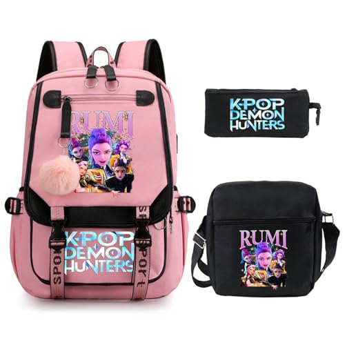 SaiDeng KPop Huntrix Schulset 3-teilig – Anime Rucksack, Umhängetasche & Federmäppchen, Wasserdichter K-Pop De-Mon H-Hunters Rucksack für Jungen & Mädchen, Teenager & Fans von SaiDeng