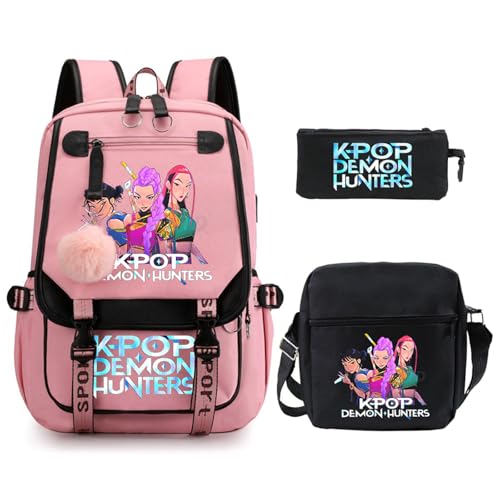 SaiDeng KPop Huntrix Schulset 3-teilig – Anime Rucksack, Umhängetasche & Federmäppchen, Wasserdichter K-Pop De-Mon H-Hunters Rucksack für Jungen & Mädchen, Teenager & Fans von SaiDeng