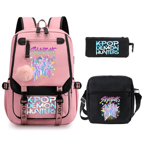 SaiDeng KPop Huntrix Schulset 3-teilig – Anime Rucksack, Umhängetasche & Federmäppchen, Wasserdichter K-Pop De-Mon H-Hunters Rucksack für Jungen & Mädchen, Teenager & Fans von SaiDeng