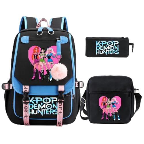 SaiDeng KPop Huntrix Schulset 3-teilig – Anime Rucksack, Umhängetasche & Federmäppchen, Wasserdichter K-Pop De-Mon H-Hunters Rucksack für Jungen & Mädchen, Teenager & Fans von SaiDeng