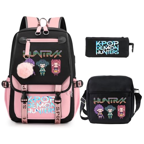 SaiDeng KPop Huntrix Schulset 3-teilig – Anime Rucksack, Umhängetasche & Federmäppchen, Wasserdichter K-Pop De-Mon H-Hunters Rucksack für Jungen & Mädchen, Teenager & Fans von SaiDeng