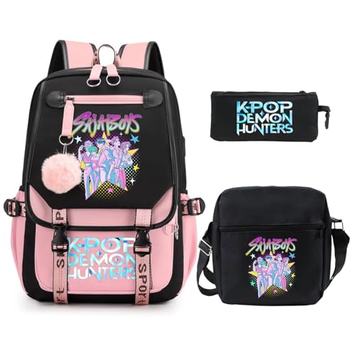 SaiDeng KPop Huntrix Schulset 3-teilig – Anime Rucksack, Umhängetasche & Federmäppchen, Wasserdichter K-Pop De-Mon H-Hunters Rucksack für Jungen & Mädchen, Teenager & Fans von SaiDeng