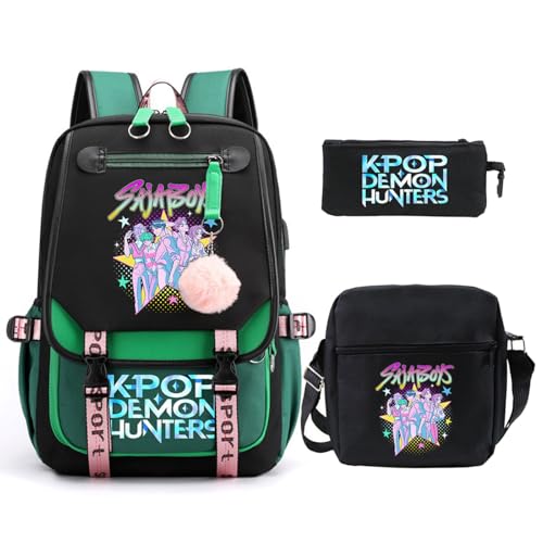 SaiDeng KPop Huntrix Schulset 3-teilig – Anime Rucksack, Umhängetasche & Federmäppchen, Wasserdichter K-Pop De-Mon H-Hunters Rucksack für Jungen & Mädchen, Teenager & Fans von SaiDeng