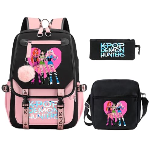 SaiDeng KPop Huntrix Schulset 3-teilig – Anime Rucksack, Umhängetasche & Federmäppchen, Wasserdichter K-Pop De-Mon H-Hunters Rucksack für Jungen & Mädchen, Teenager & Fans von SaiDeng