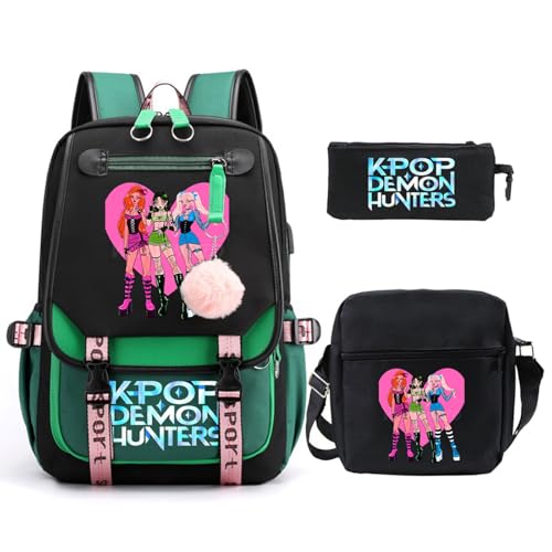 SaiDeng KPop Huntrix Schulset 3-teilig – Anime Rucksack, Umhängetasche & Federmäppchen, Wasserdichter K-Pop De-Mon H-Hunters Rucksack für Jungen & Mädchen, Teenager & Fans von SaiDeng