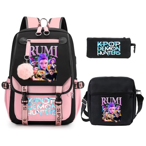SaiDeng KPop Huntrix Schulset 3-teilig – Anime Rucksack, Umhängetasche & Federmäppchen, Wasserdichter K-Pop De-Mon H-Hunters Rucksack für Jungen & Mädchen, Teenager & Fans von SaiDeng
