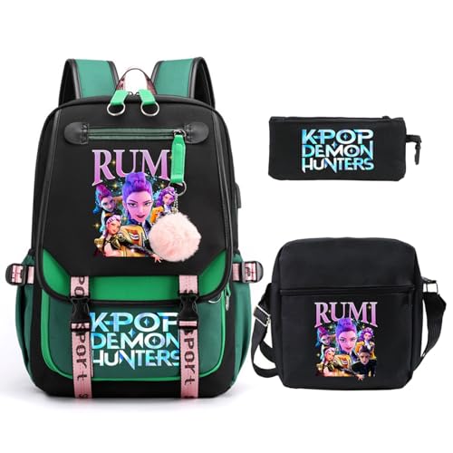 SaiDeng KPop Huntrix Schulset 3-teilig – Anime Rucksack, Umhängetasche & Federmäppchen, Wasserdichter K-Pop De-Mon H-Hunters Rucksack für Jungen & Mädchen, Teenager & Fans von SaiDeng