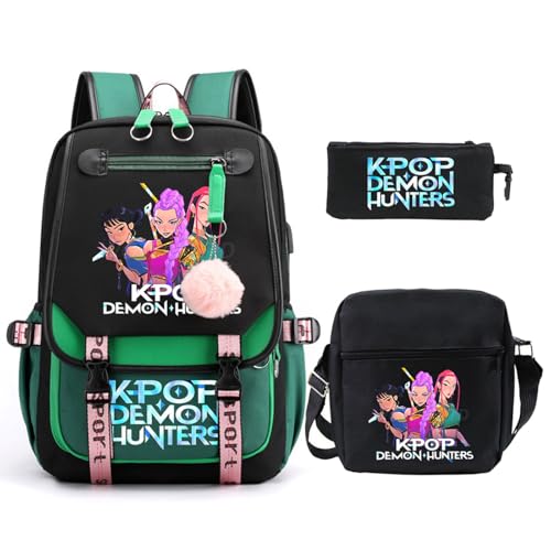 SaiDeng KPop Huntrix Schulset 3-teilig – Anime Rucksack, Umhängetasche & Federmäppchen, Wasserdichter K-Pop De-Mon H-Hunters Rucksack für Jungen & Mädchen, Teenager & Fans von SaiDeng