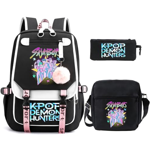 SaiDeng KPop Huntrixs Schulset 3-teilig – Anime Huntrix Rucksack, Umhängetasche & Federmäppchen, Wasserdichter SchulHuntrix Rucksack Jungen & Mädchen, K-Pop Streetwear Tasche für Schule von SaiDeng